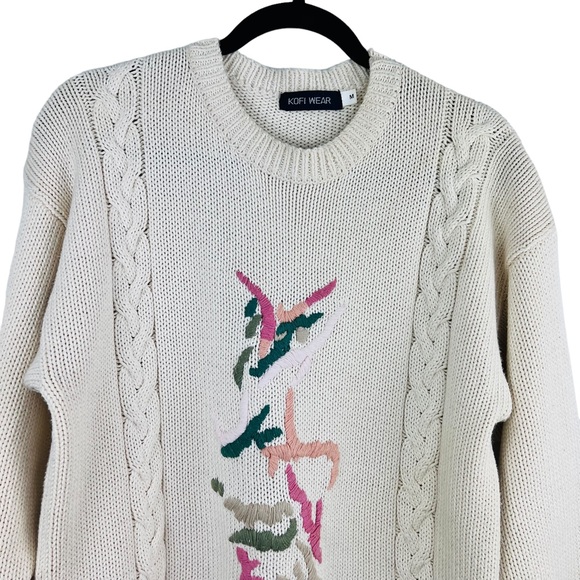 Vintage Kofi Wear Cream Knit Embroidered Crew-Neck Long sweater Dress - Picture 9 of 13